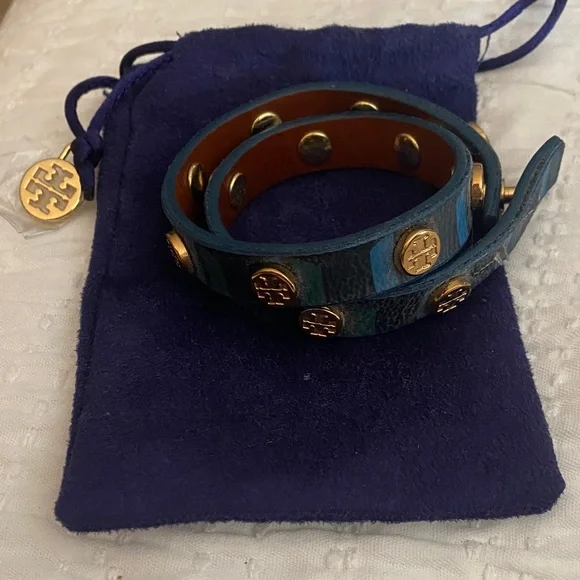 Tory Burch Teal Leather Wrap Bracelet with Gold Accents - Picture 1 of 4